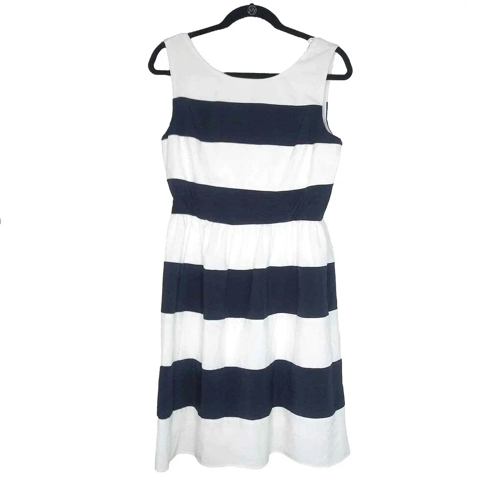 Bee Darlin Dress Womens 10 Navy White Fit Flare Nautical Striped Business Casual